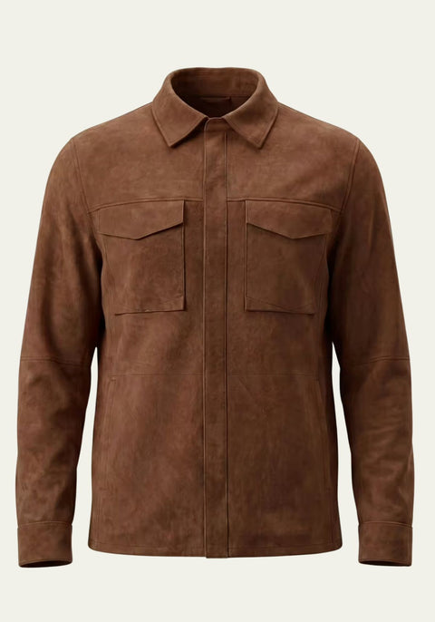 Men's leather jacket in suede, cognac colour, shown from the front with two chest pockets.