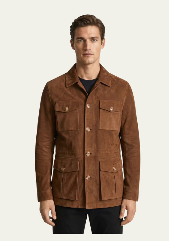 Men's suede leather jacket in cognac, shown frontally on the model with four patch pockets.