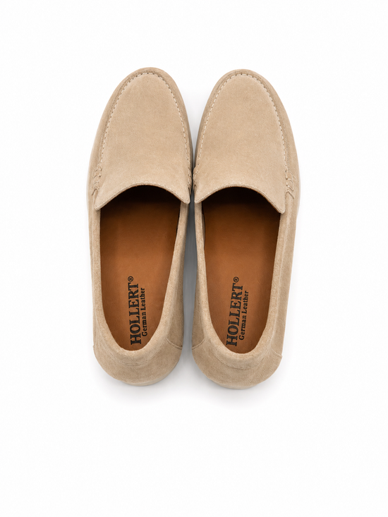 Beige men's loafers in calf suede seen from above with visible insole branding.