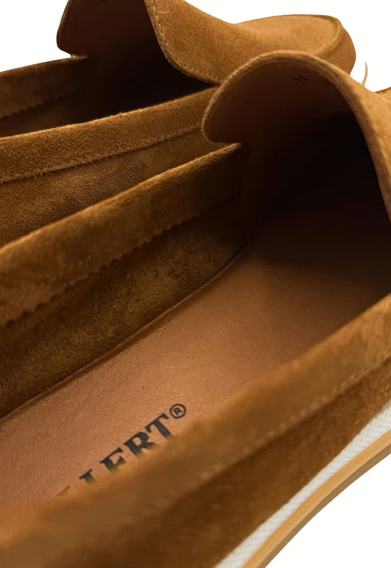 Interior view of the men's loafers in whisky suede with logo in the footbed.