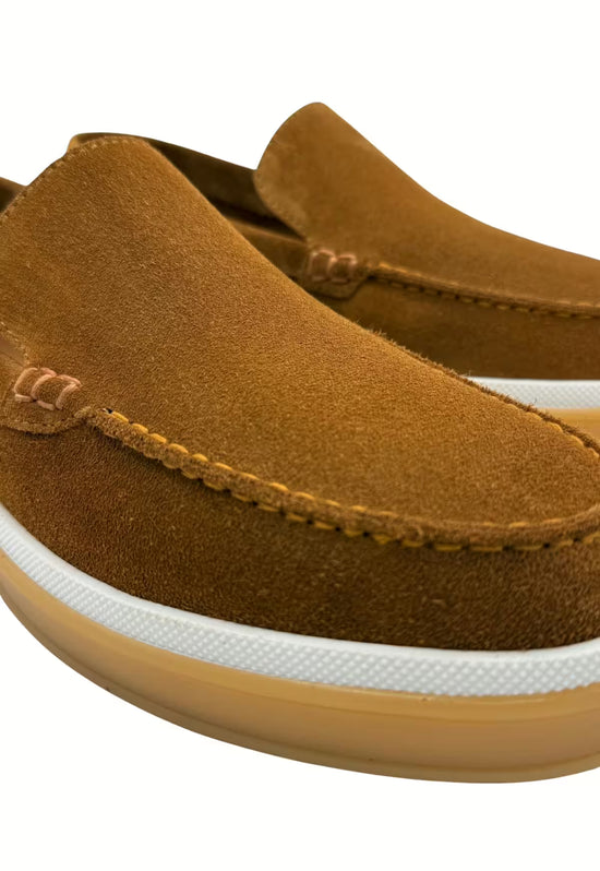 Close-up of the men's loafers in whisky suede with stitching and welt detail.