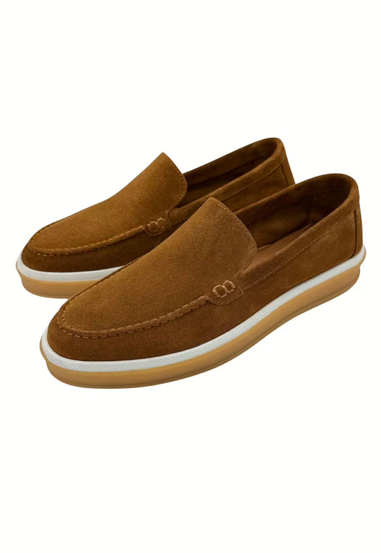 A pair of men's loafers in whisky suede shown in a three-quarter front view.