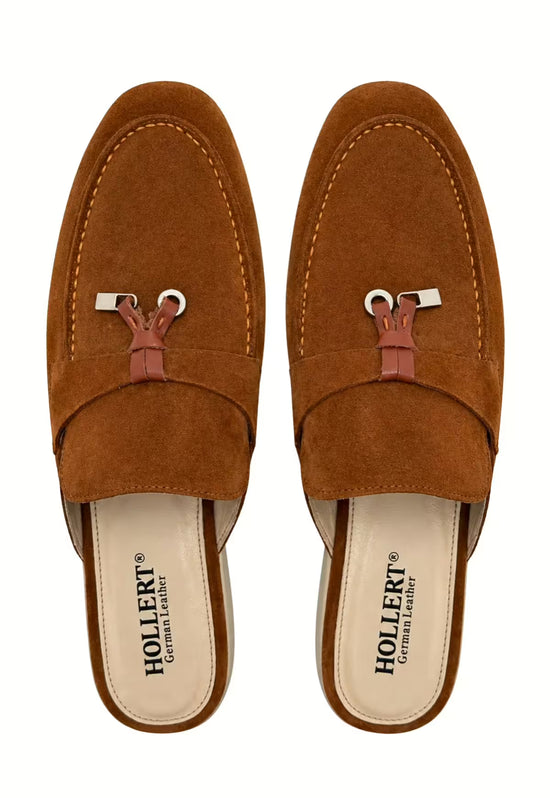 Men's loafers in whisky brown suede, top view of both shoes with tassel detail