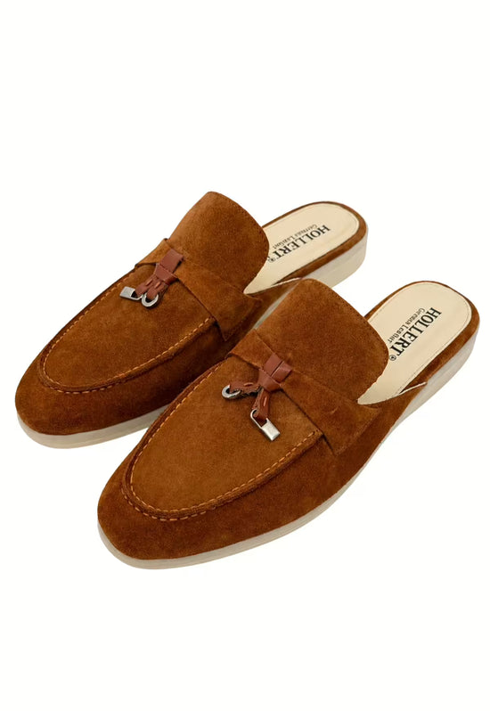 Men's loafers in whisky brown suede, shown as a pair from above at an angle with tassel detail