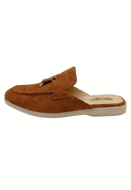 Men's loafer in whisky brown suede, shown from the side with tassel detail and light sole