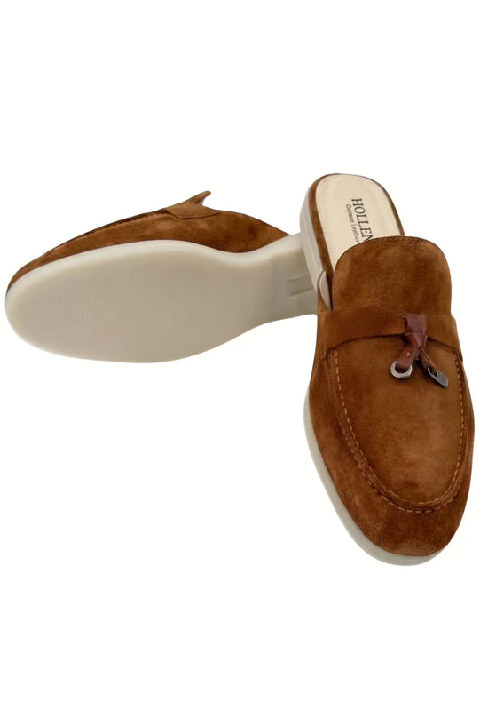 Men's loafers in whisky brown suede, underside view with light sole and one shoe from above