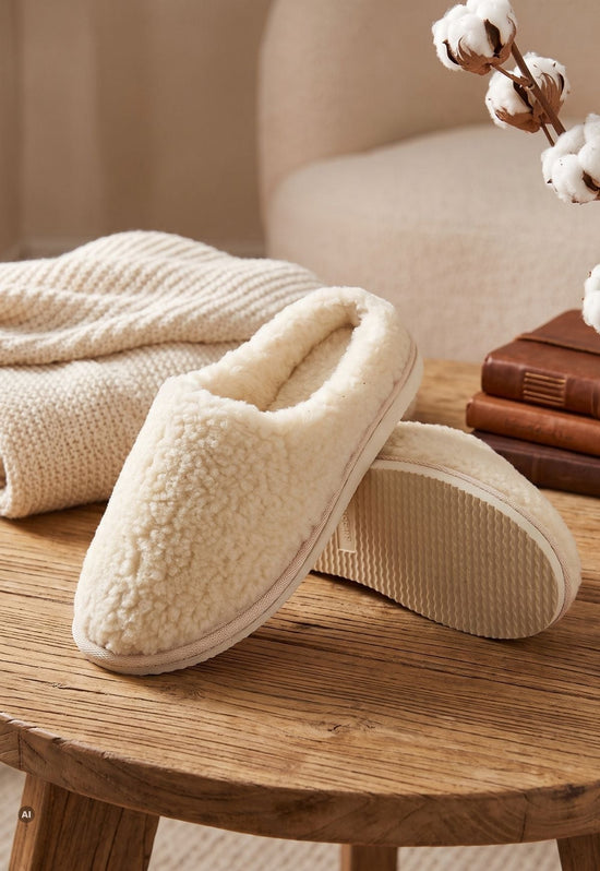 Merino-Wollpantoffel Creme, Detailaufnahme von oben mit sichtbarer Sohle und Wollstruktur