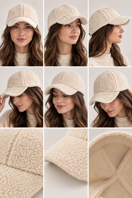 Women's cream sheepskin cap in several views with close-ups of the brim and lining.