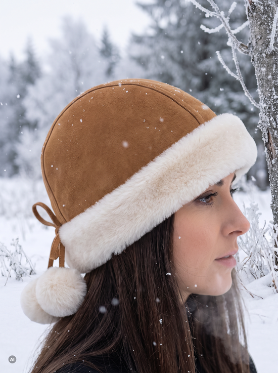 Women's sheepskin hat in whisky with Merino wool, worn outdoors in snow in a side view.