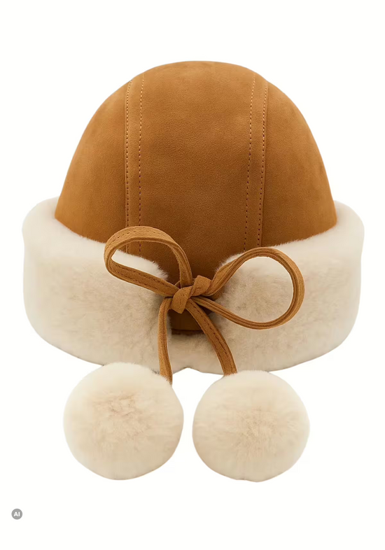 Rear view of the women's sheepskin hat in whisky with Merino wool, bow detail and two pom-poms.