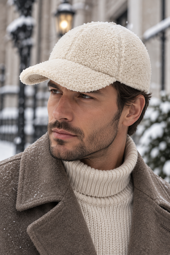 Men's sheepskin cap in cream, worn in side view with a brim in a snowy setting.