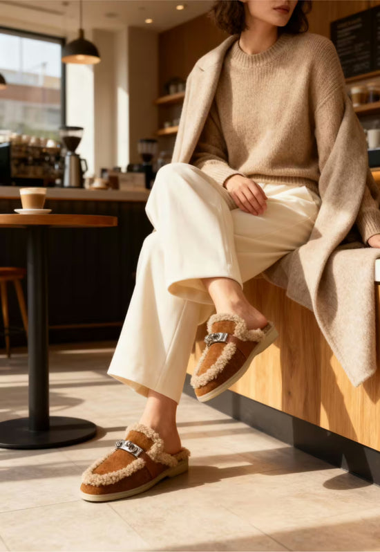 Brown women's sheepskin mules worn with light trousers in a café setting.
