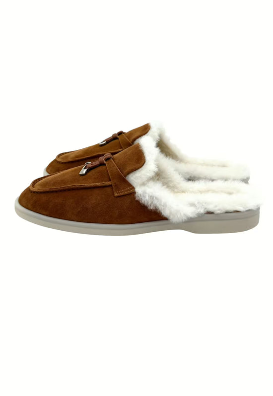 Brown ladies' sheepskin mules from the rear, showing the open heel trimmed with white fur.