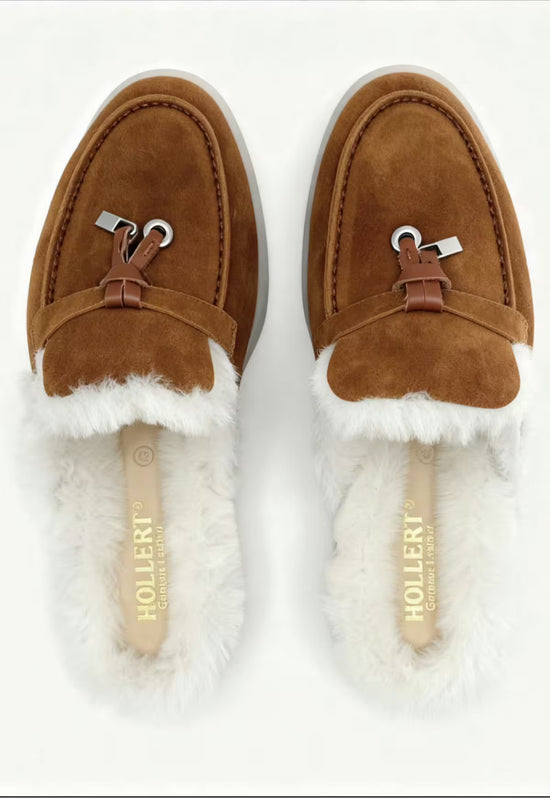Pair of brown ladies' sheepskin mules seen from above, with brown upper and light fur.