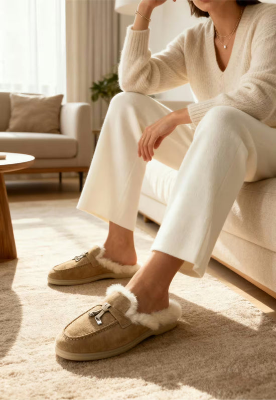 Women's sheepskin mules in sand worn on the feet, with white sheepskin lining in a living room.