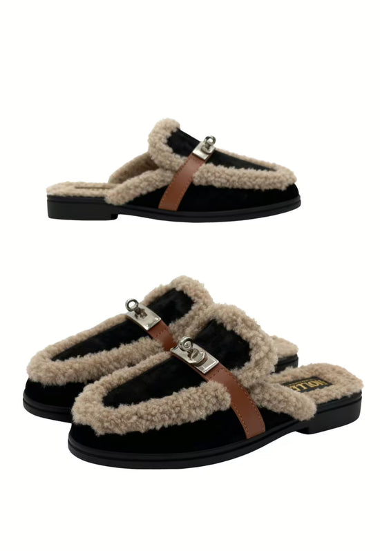 Women’s sheepskin mules in black, shown from above and side with soft fleece trim and leather strap.