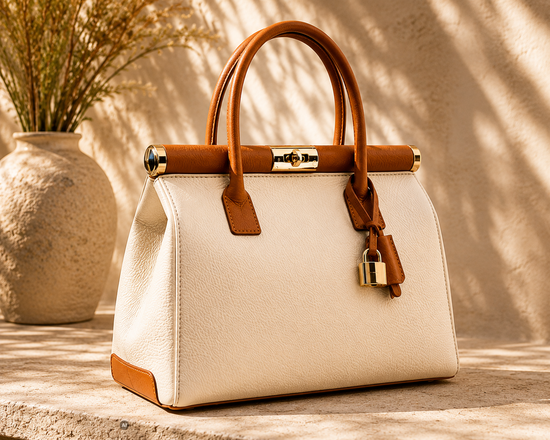 NORA – Tasche aus italienischem Dollaro-Leder – Creme & Camel