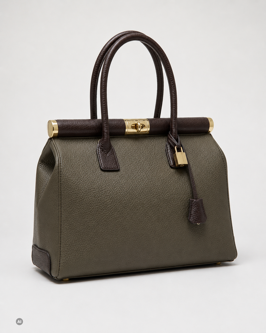NORA – Tasche aus italienischem Dollaro‑Leder – Taupe & Dunkelbraun