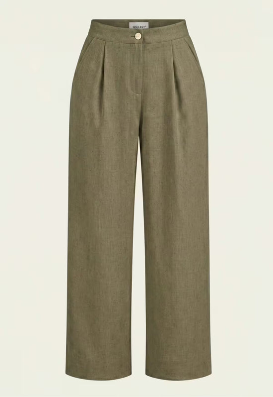 Women's linen palazzo trousers in khaki, front view with waistband, button and wide leg