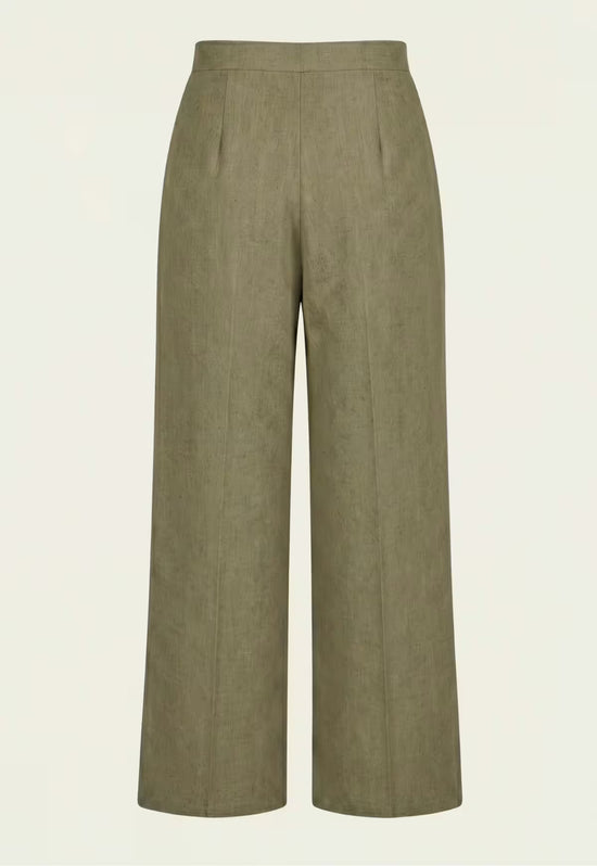 Rear view of the women's linen palazzo trousers in khaki with a high waistband and wide leg