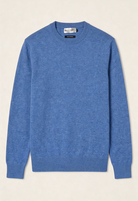Light blue cashmere sweater shown flat in front view with a crew neck.