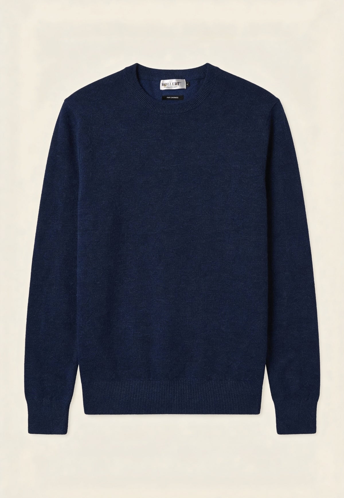 Dark navy cashmere jumper laid flat in front view, with long sleeves and a crew neck.