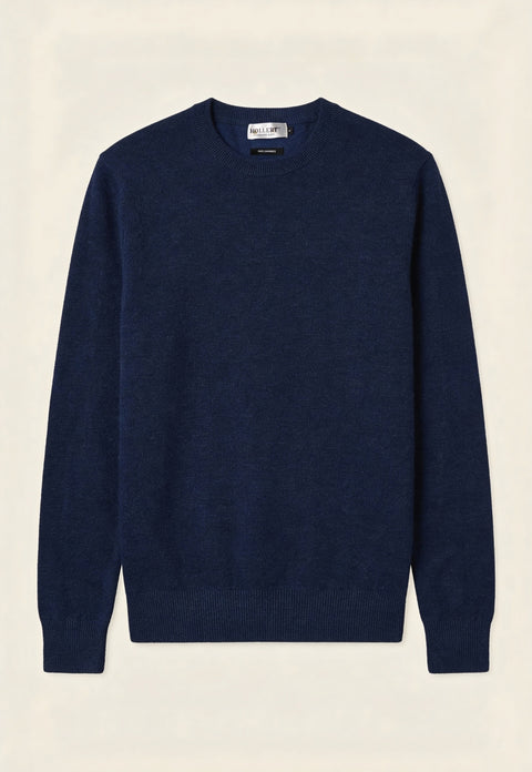 Dark navy cashmere jumper laid flat in front view, with long sleeves and a crew neck.