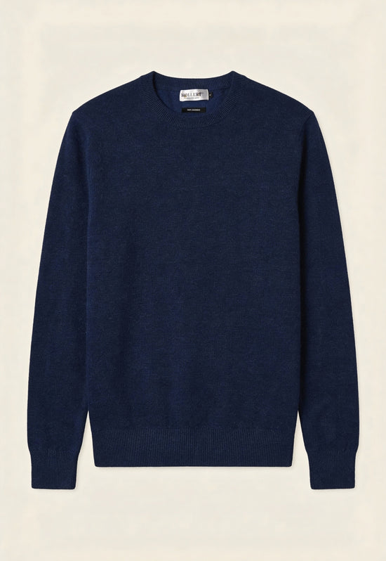 Dark navy cashmere jumper laid flat in front view, with long sleeves and a crew neck.