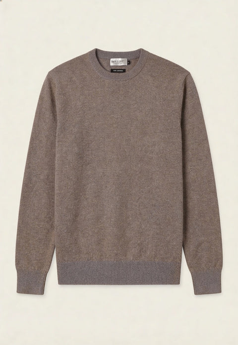 Unisex cashmere jumper in taupe, shown front-on cut out with ribbed cuffs.