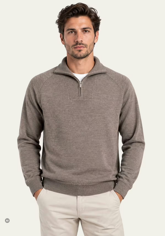 Men's merino wool pullover in taupe, worn on a model in a front view with a stand-up collar.