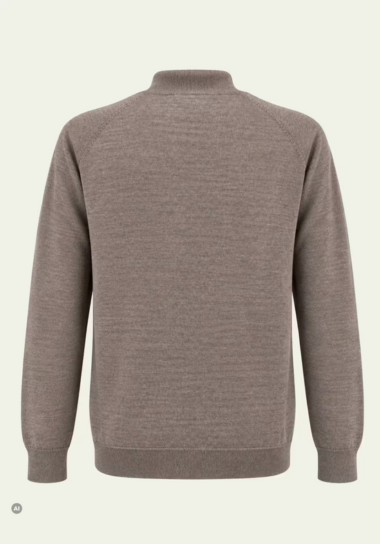 Cut-out men's merino wool pullover in taupe from the back, with a smooth rear panel and raglan sleeves.