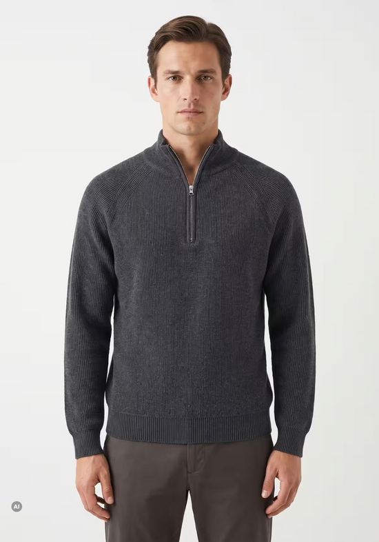 Anthracite men's merino wool pullover on a model from the front, with stand collar and zip.
