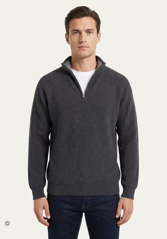 Men's merino wool pullover in anthracite worn by a model, with stand collar and half zip.
