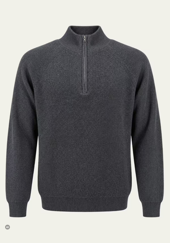Anthracite men's pullover in merino wool with a stand collar and short zip, shown from the front cut out.