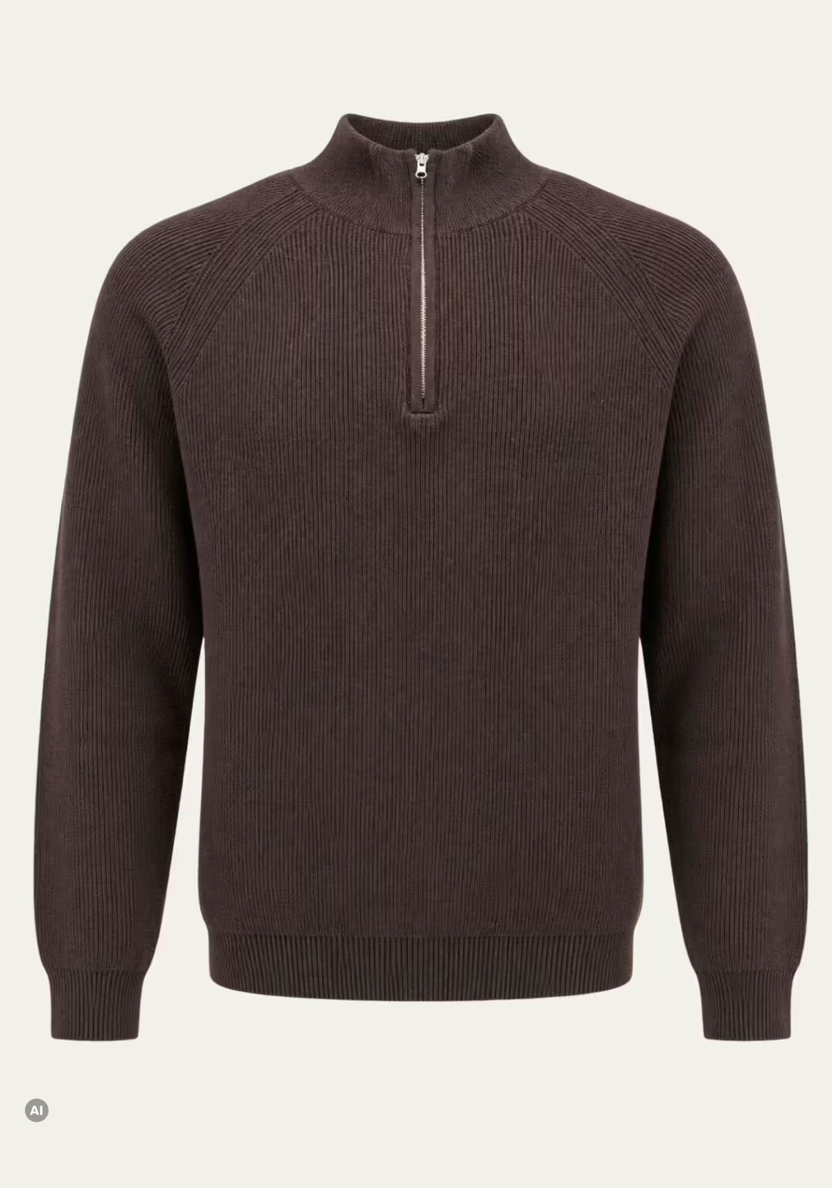 Brown men's pullover in merino wool shown from the front with zip collar.
