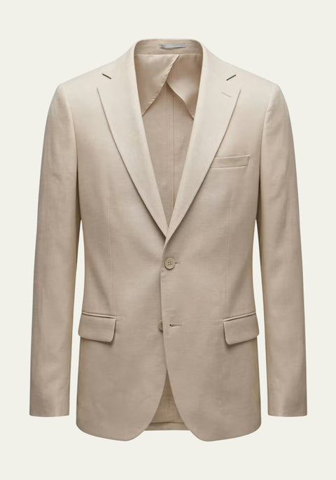 Beige men's linen blazer shown from the front with lapels, flap pockets and two buttons.