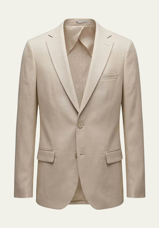 Beige men's linen blazer shown from the front with lapels, flap pockets and two buttons.