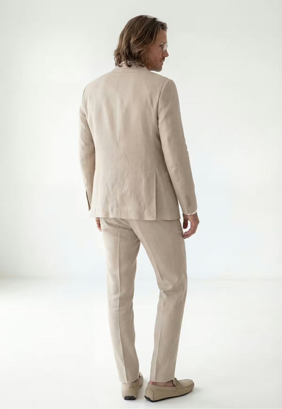Beige men's linen blazer shown from the back, with a straight cut and smooth drape.