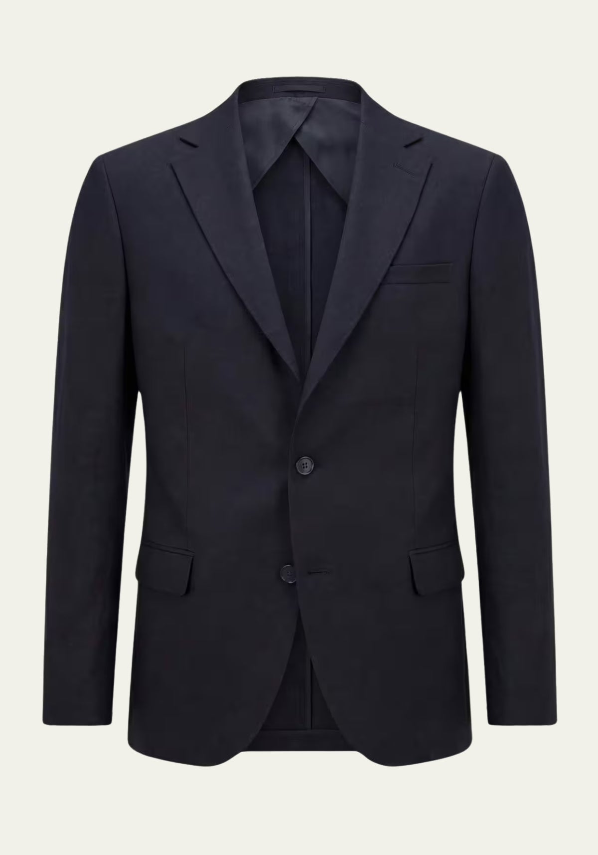 Men's linen blazer in blue, front view with lapels and button closure