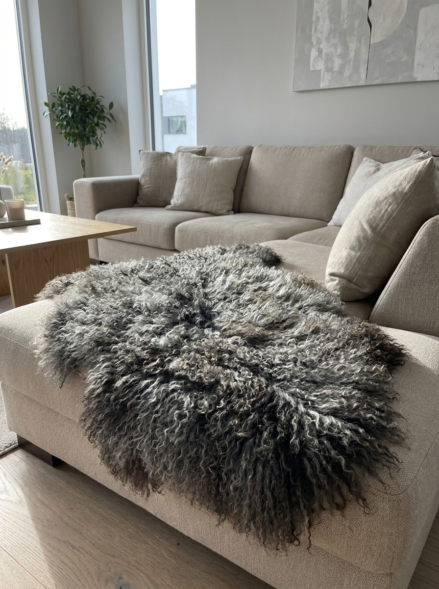 Gotland sheepskin with a curly texture in grey on a light sofa in the living room.