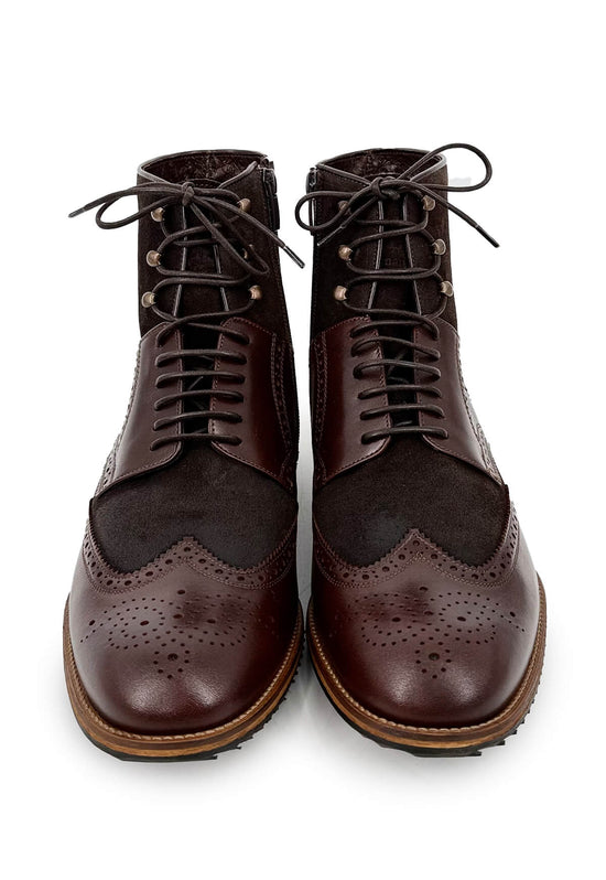 Men's street shoes in sheepskin and leather, brown, front view side by side