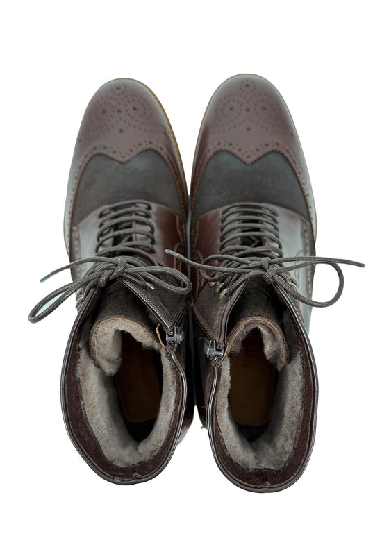 Top view into the men's street shoes in sheepskin and leather with light lining