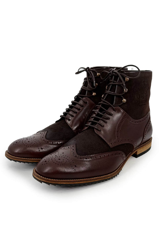 Two men's street shoes in sheepskin and leather, brown, shown as a pair