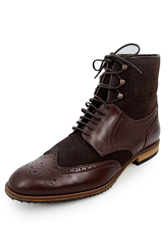 Men's street shoe in sheepskin and leather, brown, angled front view