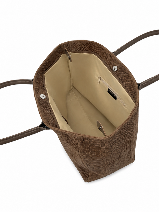 Interior view of the brown women's shopper bag in suede with light lining
