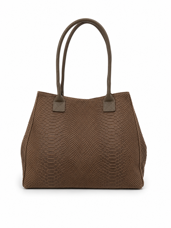 Brown women's shopper bag in suede with crocodile embossing, rear view