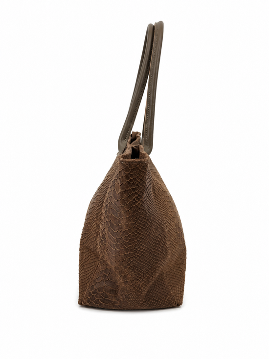 Brown women's shopper bag in suede with crocodile embossing, narrow side view