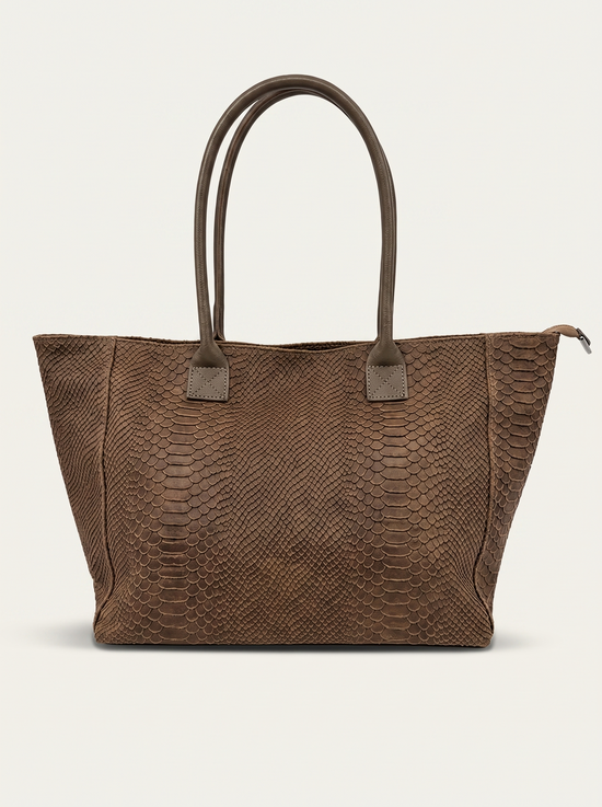 Brown women's shopper bag in suede with crocodile embossing, front view