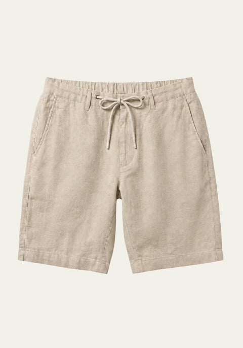 Beige men's linen shorts shown from the front, cut out with drawstring and side pockets.
