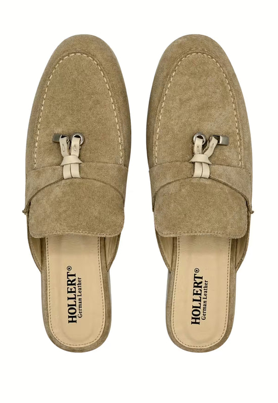 Men's suede slippers in beige seen from above with the insole visible.